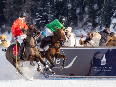 St. Moritz - January 29, 2023: Game actions at the Snow Polo World Cup St.Moritz 2023 finalsのeditorial素材