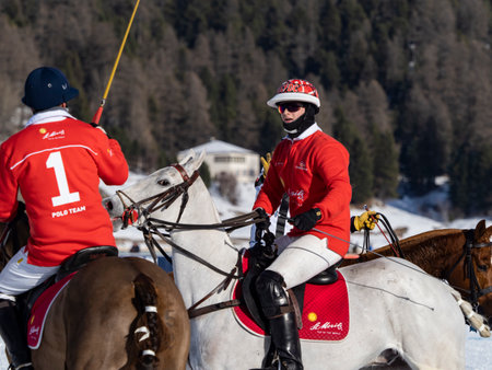 St. Moritz - January 29, 2023: Game actions at the Snow Polo World Cup St.Moritz 2023 finalsのeditorial素材