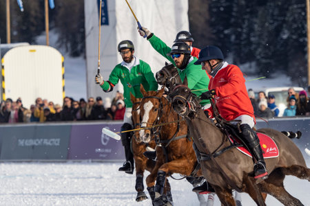 St. Moritz - January 29, 2023: Game actions at the Snow Polo World Cup St.Moritz 2023 finalsのeditorial素材