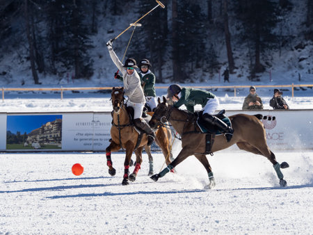 St. Moritz - January 29, 2023: Game actions at the Snow Polo World Cup St.Moritz 2023 finalsのeditorial素材
