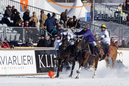 St. Moritz - January 29, 2023: Game actions at the Snow Polo World Cup St.Moritz 2023 finalsのeditorial素材