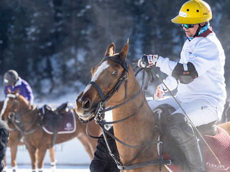 St. Moritz - January 29, 2023: Game actions at the Snow Polo World Cup St.Moritz 2023 finalsのeditorial素材