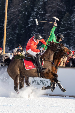 St. Moritz - January 29, 2023: Game actions at the Snow Polo World Cup St.Moritz 2023 finalsのeditorial素材