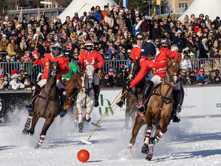 St. Moritz - January 29, 2023: Game actions at the Snow Polo World Cup St.Moritz 2023 finalsのeditorial素材