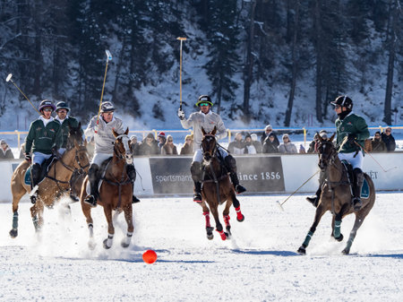 St. Moritz - January 29, 2023: Game actions at the Snow Polo World Cup St.Moritz 2023 finalsのeditorial素材