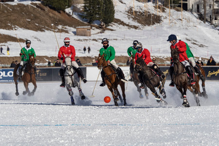 St. Moritz - January 29, 2023: Game actions at the Snow Polo World Cup St.Moritz 2023 finalsのeditorial素材