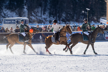St. Moritz - January 29, 2023: Game actions at the Snow Polo World Cup St.Moritz 2023 finalsのeditorial素材