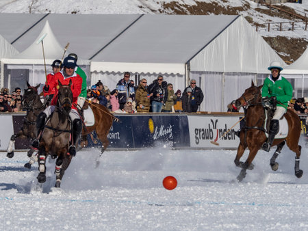 St. Moritz - January 29, 2023: Game actions at the Snow Polo World Cup St.Moritz 2023 finalsのeditorial素材