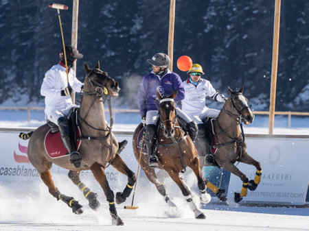 St. Moritz - January 29, 2023: Game actions at the Snow Polo World Cup St.Moritz 2023 finalsのeditorial素材