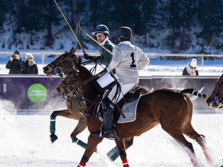 St. Moritz - January 29, 2023: Game actions at the Snow Polo World Cup St.Moritz 2023 finalsのeditorial素材