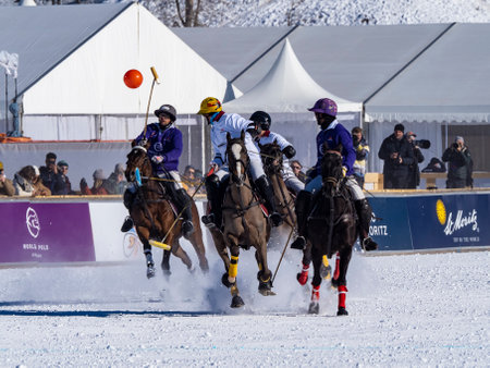 St. Moritz - January 29, 2023: Game actions at the Snow Polo World Cup St.Moritz 2023 finalsのeditorial素材