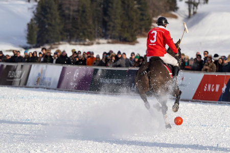 St. Moritz - January 29, 2023: Game actions at the Snow Polo World Cup St.Moritz 2023 finalsのeditorial素材