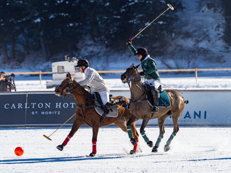 St. Moritz - January 29, 2023: Game actions at the Snow Polo World Cup St.Moritz 2023 finalsのeditorial素材