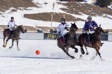St. Moritz - January 29, 2023: Game actions at the Snow Polo World Cup St.Moritz 2023 finalsのeditorial素材