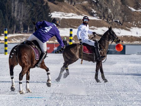 St. Moritz - January 29, 2023: Game actions at the Snow Polo World Cup St.Moritz 2023 finalsのeditorial素材