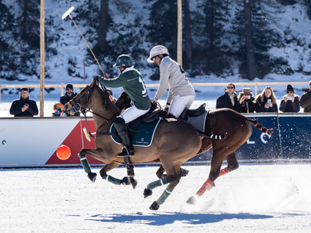 St. Moritz - January 29, 2023: Game actions at the Snow Polo World Cup St.Moritz 2023 finalsのeditorial素材