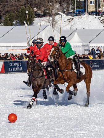 St. Moritz - January 29, 2023: Game actions at the Snow Polo World Cup St.Moritz 2023 finalsのeditorial素材