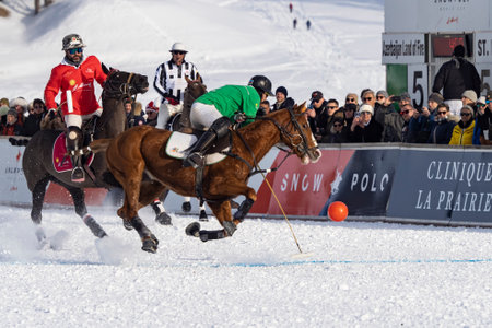 St. Moritz - January 29, 2023: Game actions at the Snow Polo World Cup St.Moritz 2023 finalsのeditorial素材