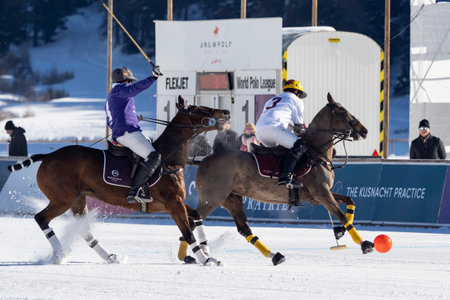 St. Moritz - January 29, 2023: Game actions at the Snow Polo World Cup St.Moritz 2023 finalsのeditorial素材