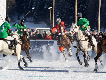 St. Moritz - January 29, 2023: Game actions at the Snow Polo World Cup St.Moritz 2023 finalsのeditorial素材