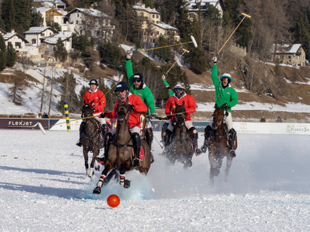 St. Moritz - January 29, 2023: Game actions at the Snow Polo World Cup St.Moritz 2023 finalsのeditorial素材