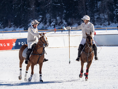 St. Moritz - January 29, 2023: Game actions at the Snow Polo World Cup St.Moritz 2023 finalsのeditorial素材