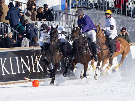 St. Moritz - January 29, 2023: Game actions at the Snow Polo World Cup St.Moritz 2023 finalsのeditorial素材