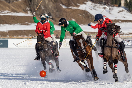 St. Moritz - January 29, 2023: Game actions at the Snow Polo World Cup St.Moritz 2023 finalsのeditorial素材