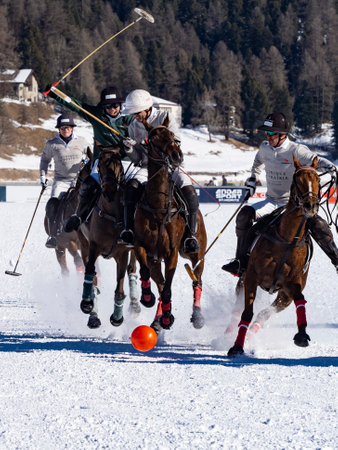 St. Moritz - January 29, 2023: Game actions at the Snow Polo World Cup St.Moritz 2023 finalsのeditorial素材