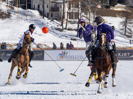 St. Moritz - January 29, 2023: Game actions at the Snow Polo World Cup St.Moritz 2023 finalsのeditorial素材