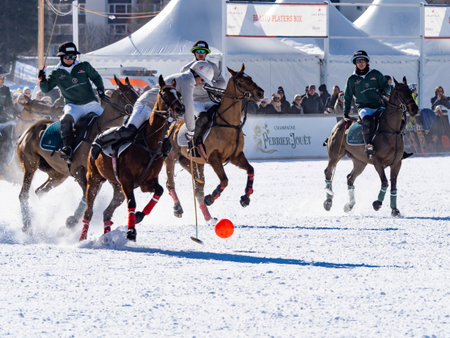 St. Moritz - January 29, 2023: Game actions at the Snow Polo World Cup St.Moritz 2023 finalsのeditorial素材