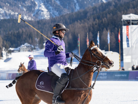 St. Moritz - January 29, 2023: Game actions at the Snow Polo World Cup St.Moritz 2023 finalsのeditorial素材