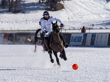 St. Moritz - January 29, 2023: Game actions at the Snow Polo World Cup St.Moritz 2023 finalsのeditorial素材
