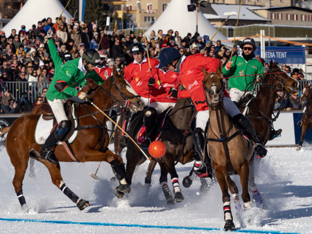St. Moritz - January 29, 2023: Game actions at the Snow Polo World Cup St.Moritz 2023 finalsのeditorial素材
