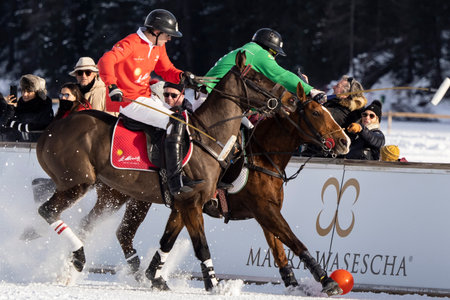 St. Moritz - January 29, 2023: Game actions at the Snow Polo World Cup St.Moritz 2023 finalsのeditorial素材
