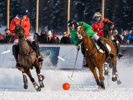St. Moritz - January 29, 2023: Game actions at the Snow Polo World Cup St.Moritz 2023 finalsのeditorial素材