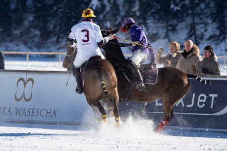 St. Moritz - January 29, 2023: Game actions at the Snow Polo World Cup St.Moritz 2023 finalsのeditorial素材