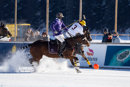 St. Moritz - January 29, 2023: Game actions at the Snow Polo World Cup St.Moritz 2023 finalsのeditorial素材