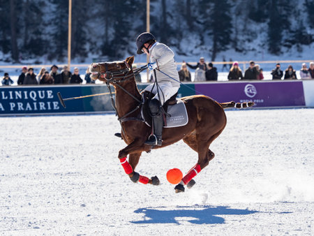 St. Moritz - January 29, 2023: Game actions at the Snow Polo World Cup St.Moritz 2023 finalsのeditorial素材