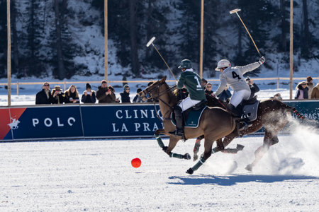 St. Moritz - January 29, 2023: Game actions at the Snow Polo World Cup St.Moritz 2023 finalsのeditorial素材