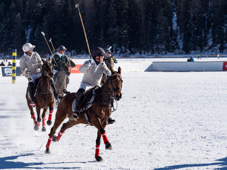 St. Moritz - January 29, 2023: Game actions at the Snow Polo World Cup St.Moritz 2023 finalsのeditorial素材