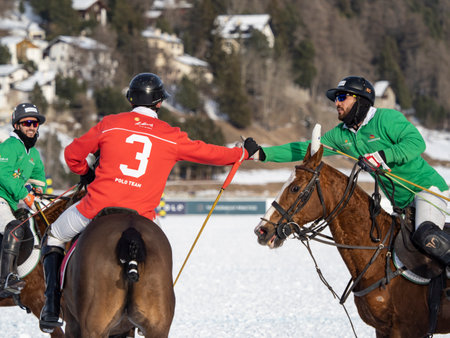 St. Moritz - January 29, 2023: Game actions at the Snow Polo World Cup St.Moritz 2023 finalsのeditorial素材