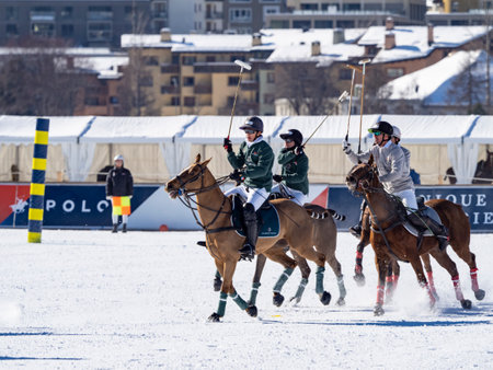St. Moritz - January 29, 2023: Game actions at the Snow Polo World Cup St.Moritz 2023 finalsのeditorial素材