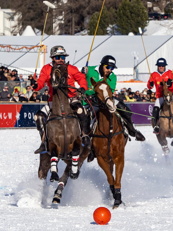 St. Moritz - January 29, 2023: Game actions at the Snow Polo World Cup St.Moritz 2023 finalsのeditorial素材