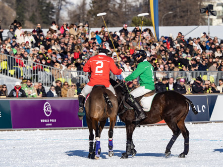 St. Moritz - January 29, 2023: Game actions at the Snow Polo World Cup St.Moritz 2023 finalsのeditorial素材