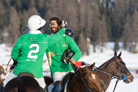 St. Moritz - January 29, 2023: Game actions at the Snow Polo World Cup St.Moritz 2023 finalsのeditorial素材