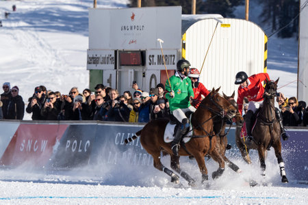St. Moritz - January 29, 2023: Game actions at the Snow Polo World Cup St.Moritz 2023 finalsのeditorial素材