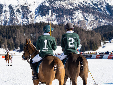 St. Moritz - January 29, 2023: Game actions at the Snow Polo World Cup St.Moritz 2023 finalsのeditorial素材