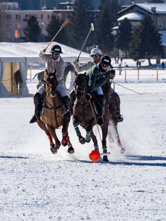 St. Moritz - January 29, 2023: Game actions at the Snow Polo World Cup St.Moritz 2023 finalsのeditorial素材