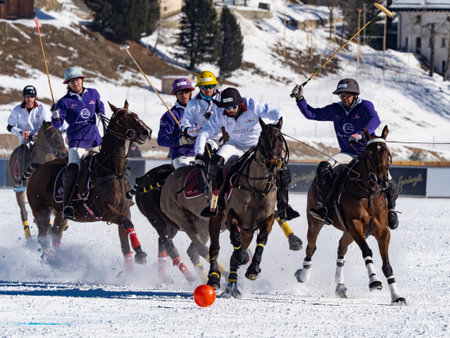 St. Moritz - January 29, 2023: Game actions at the Snow Polo World Cup St.Moritz 2023 finalsのeditorial素材